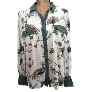 Loft Peacock Print Button Down Blouse Balloon Sleeve White Green Size‎ Large